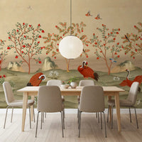 Crimson Cranes in Pomegranate Grove Wall Mural
