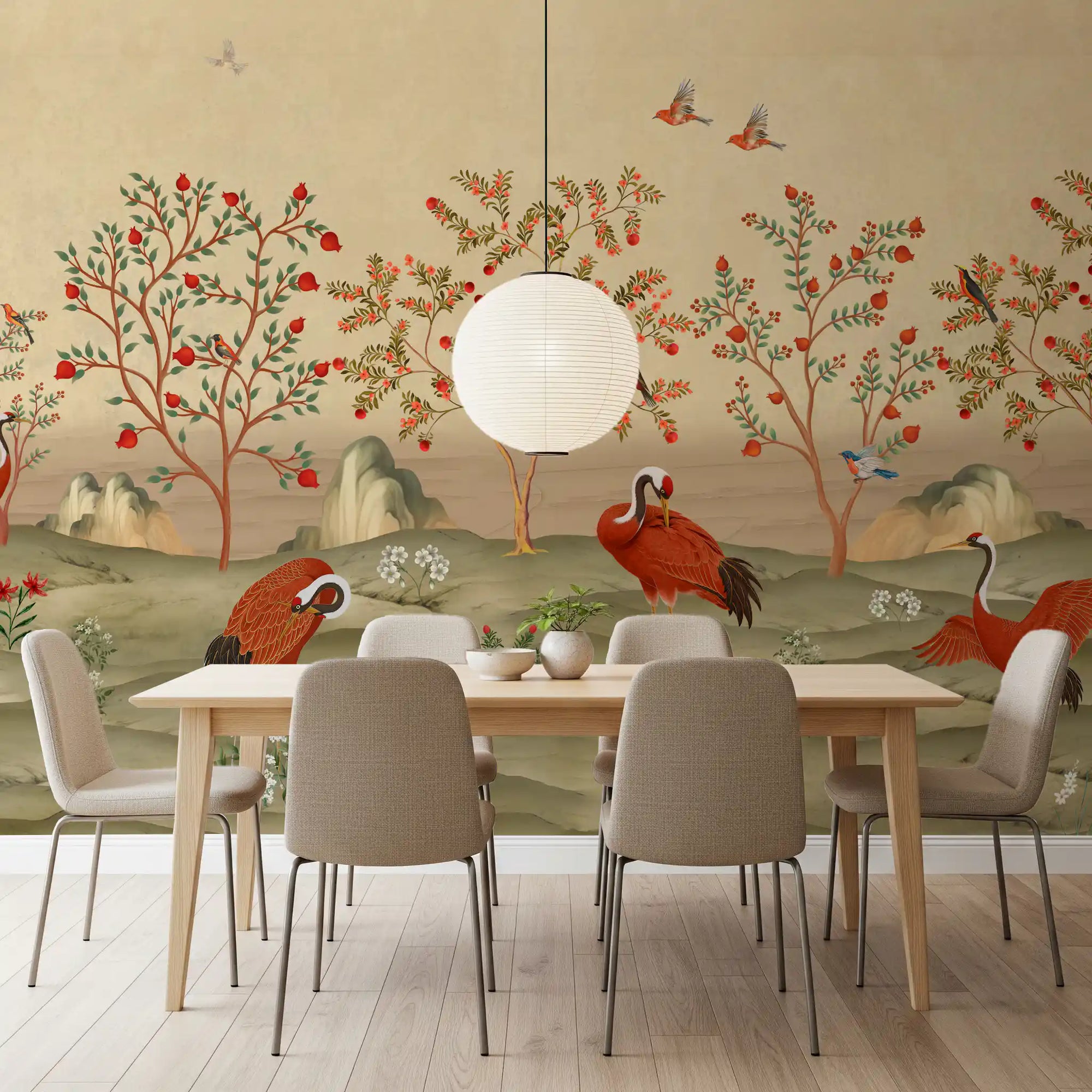 Crimson crane grove mural in a dining room with a wooden table GD12197
