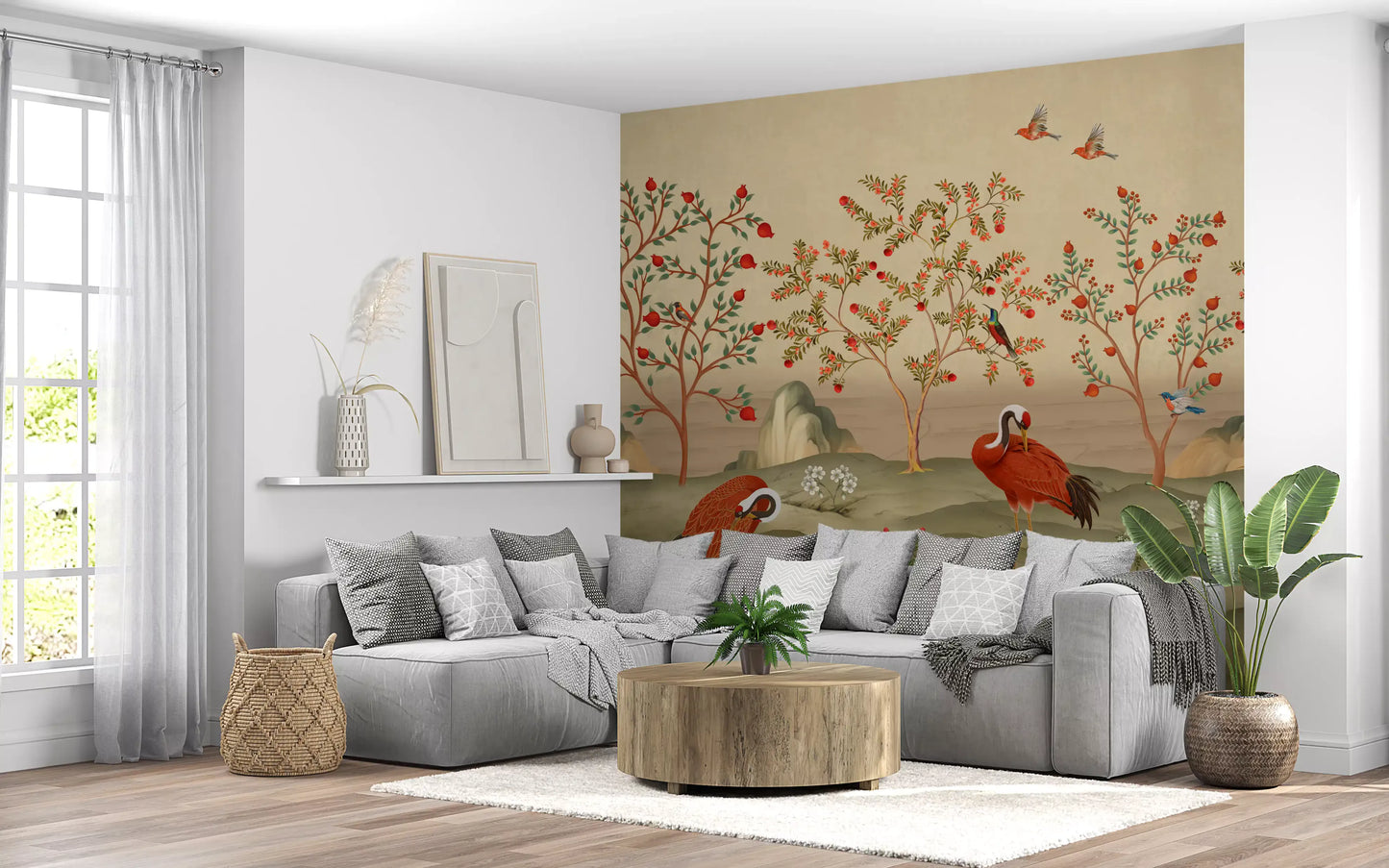 Crimson Cranes in Pomegranate Grove Wall Mural