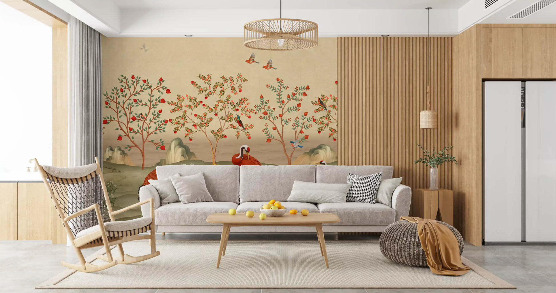 Crimson Cranes in Pomegranate Grove Wall Mural