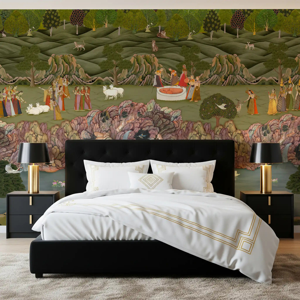 Green Mughal garden mural in a bedroom with a black upholstered bed GD12198