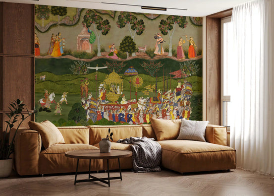 Royal procession heritage mural in a living room with a tan sofa GD12199