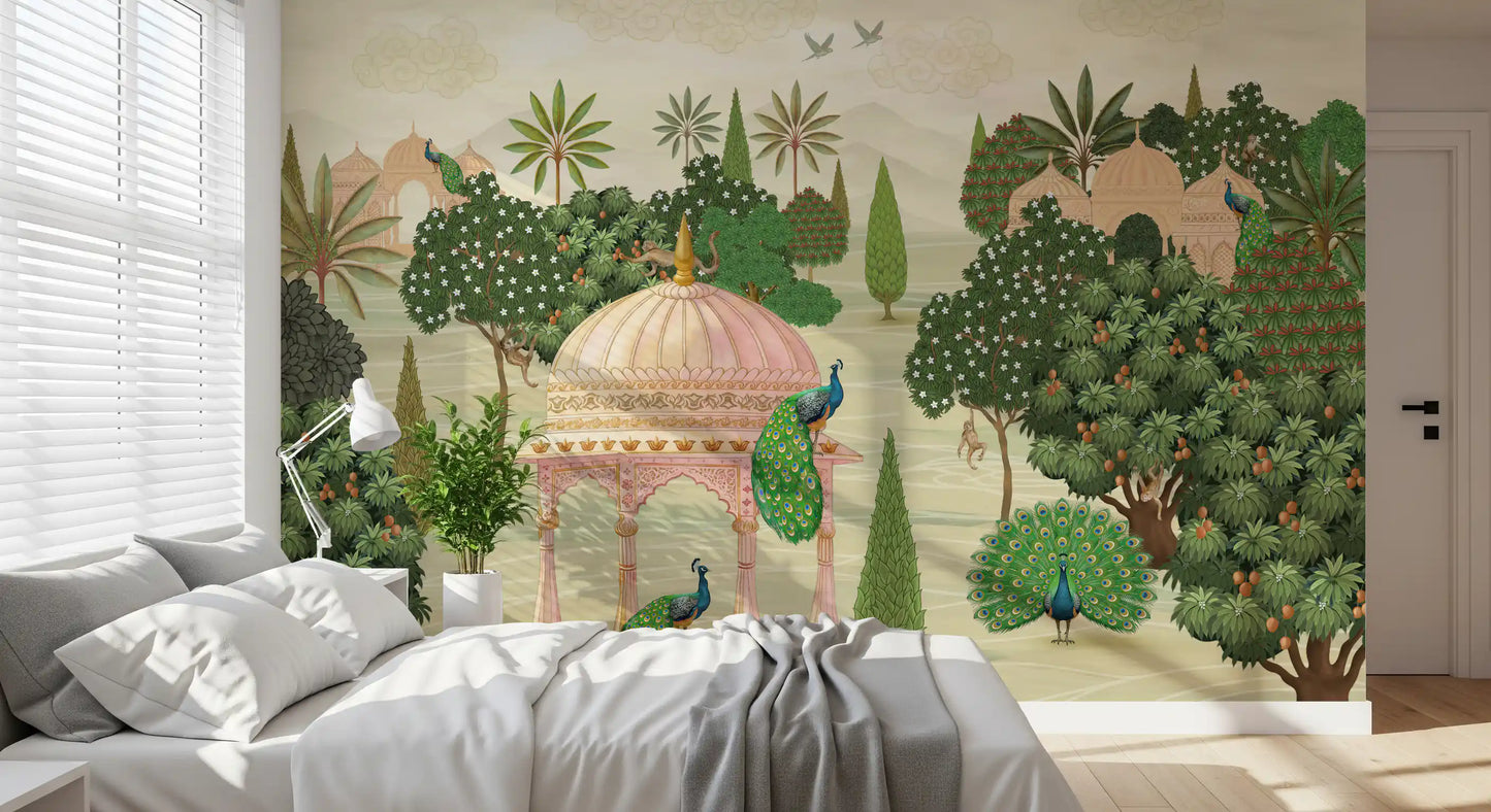 Royal Garden Peacocks and Temples Wall Mural
