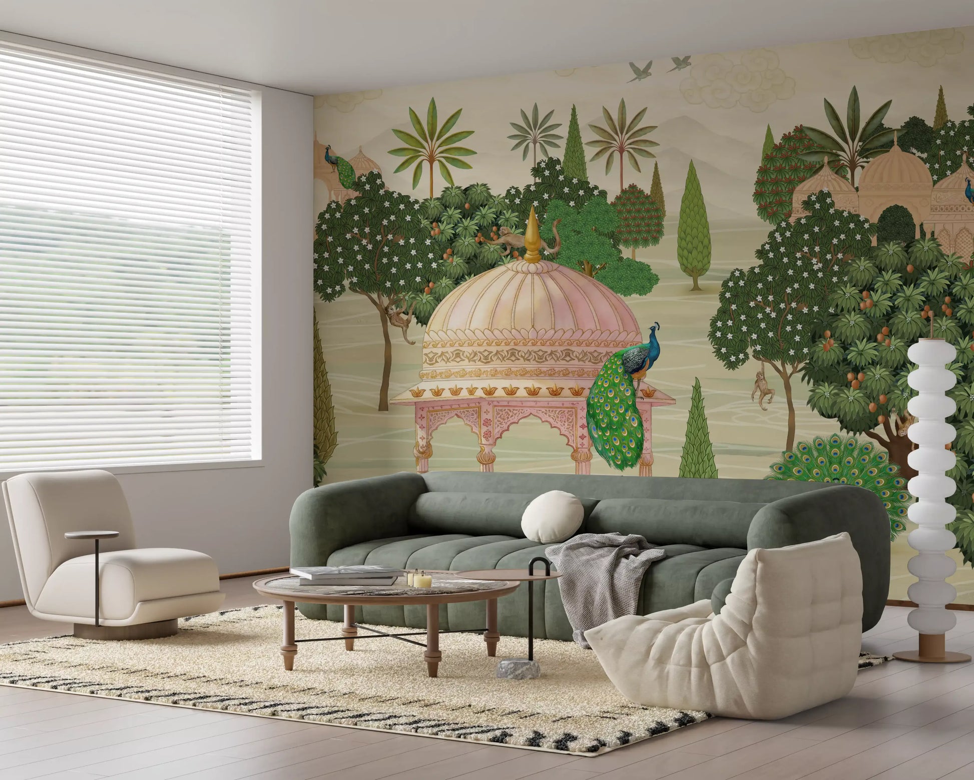 Royal Garden Peacocks and Temples Wall Mural