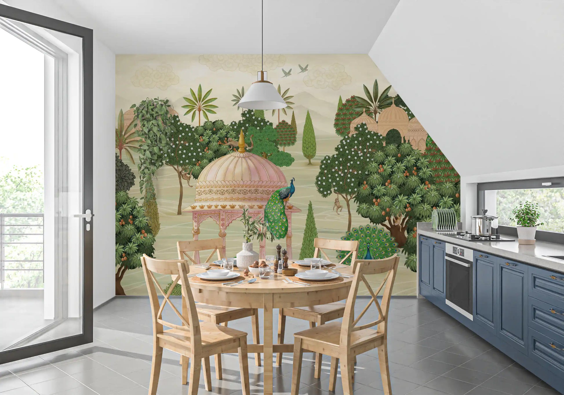 Royal Garden Peacocks and Temples Wall Mural