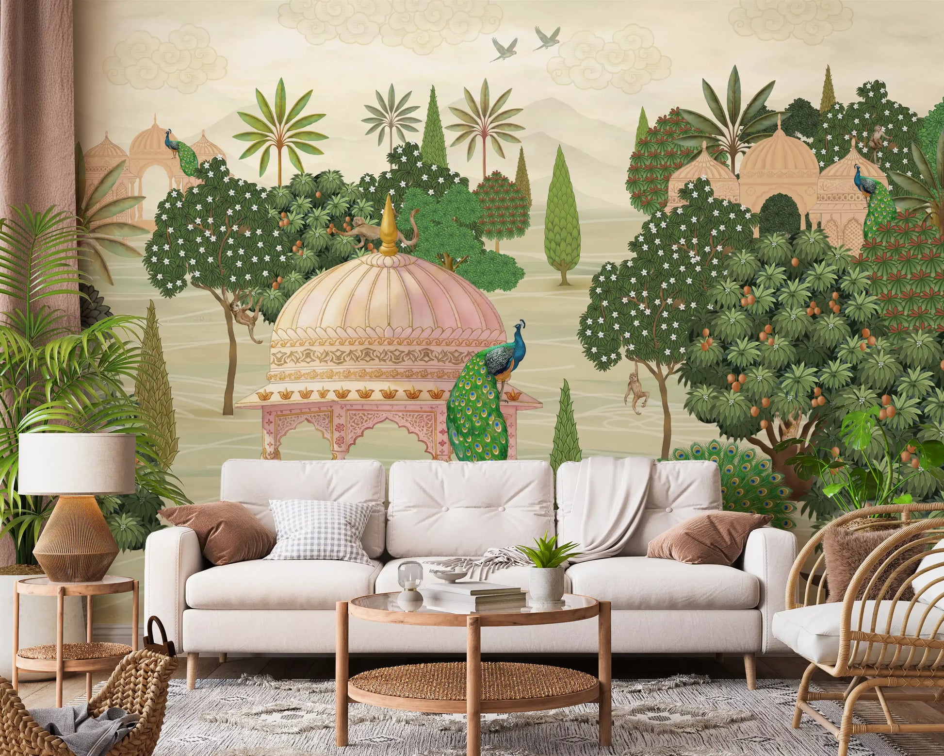Royal Garden Peacocks and Temples Wall Mural
