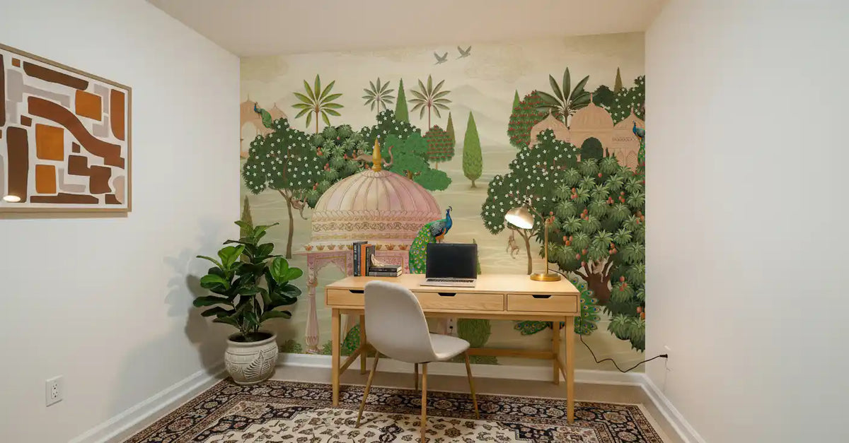 Royal garden peacock mural in a home office with a wooden desk GD12200
