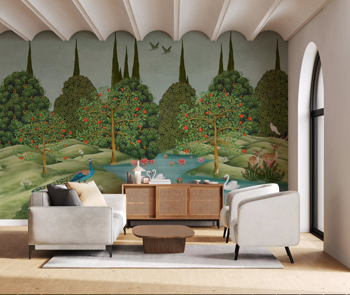 Green enchanted garden mural in a bright living room with a cream sofa and armchairs GD12202