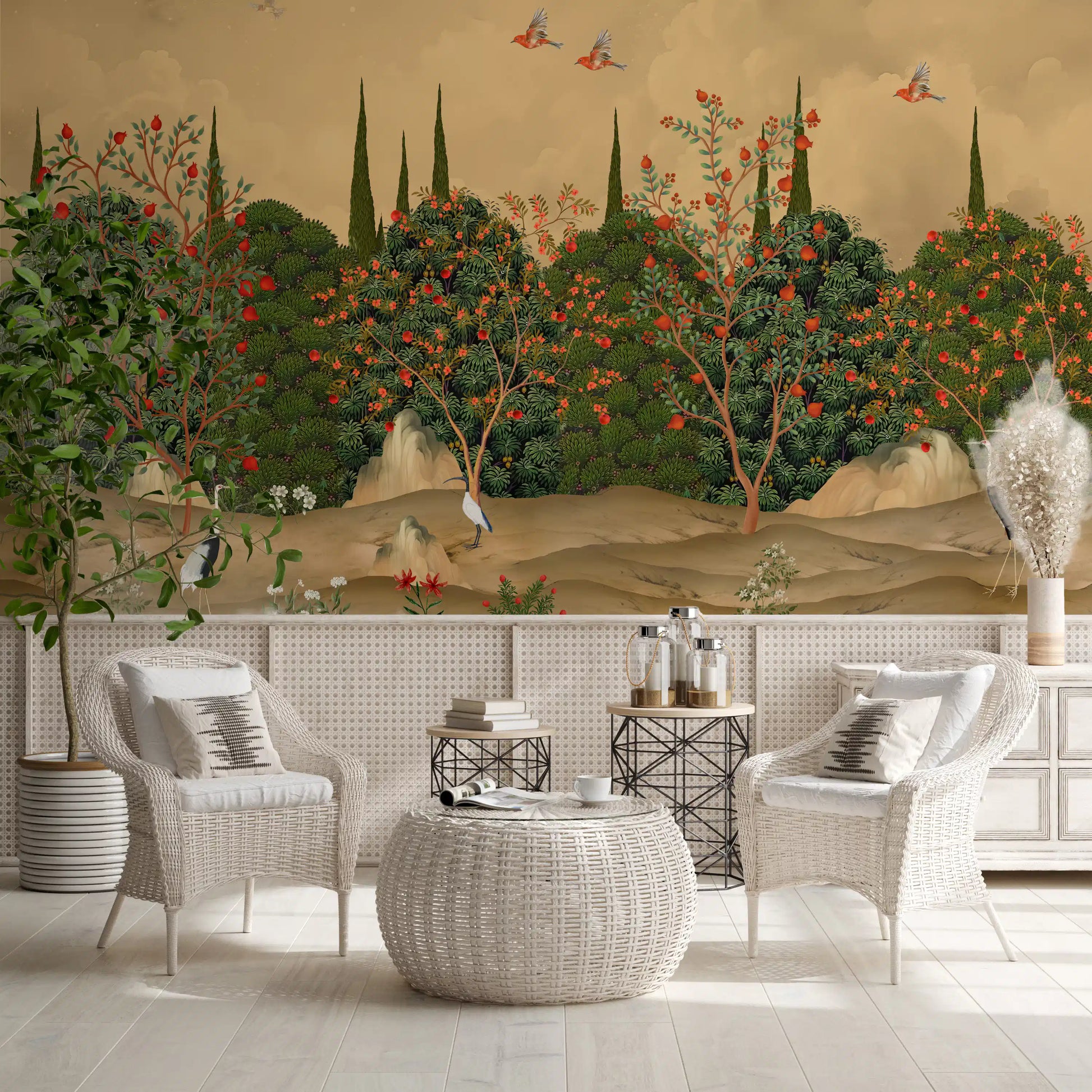 Botanical Pomegranate Orchard Illustration Wall Mural
