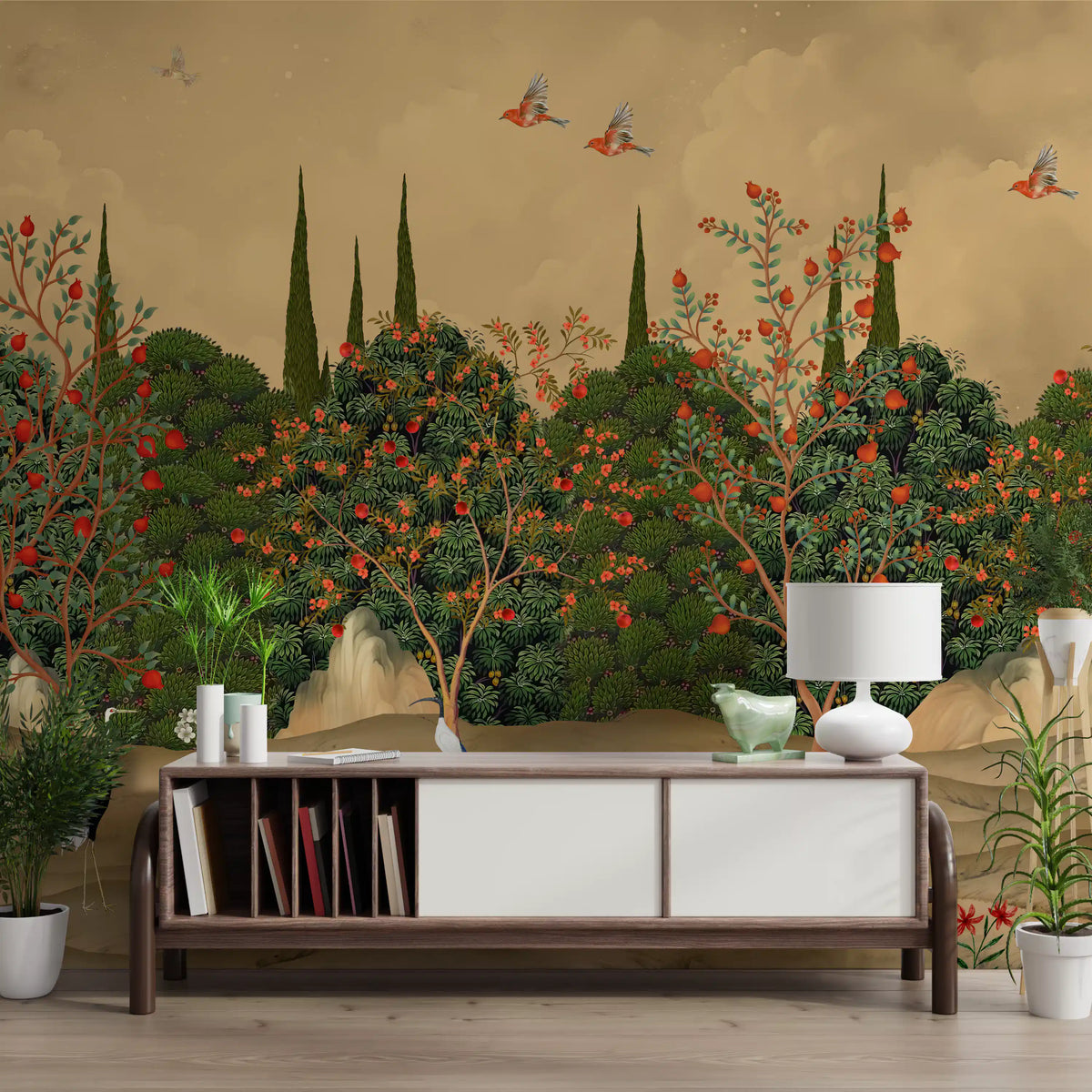 Golden pomegranate orchard mural in a living room with a wood and white console GD12203