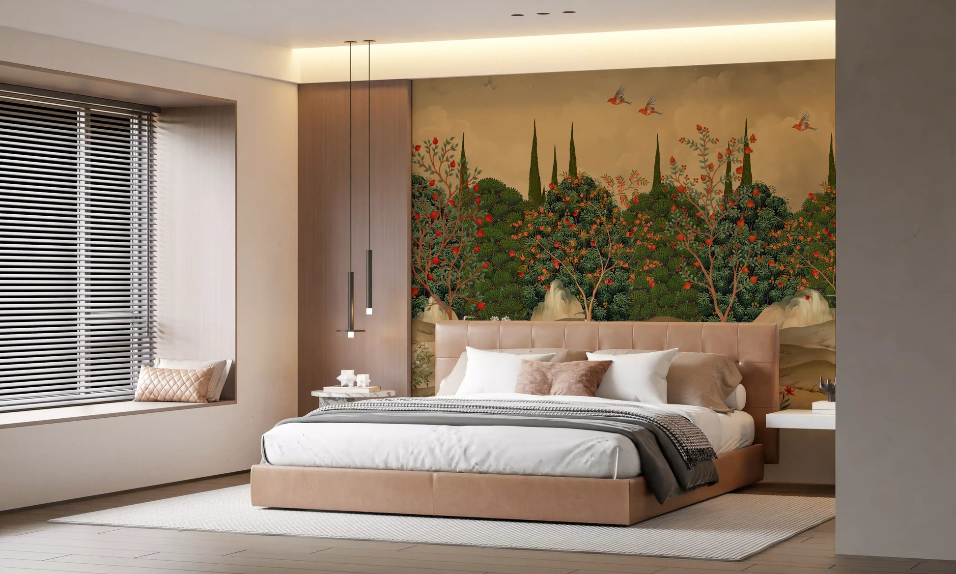 Botanical Pomegranate Orchard Illustration Wall Mural