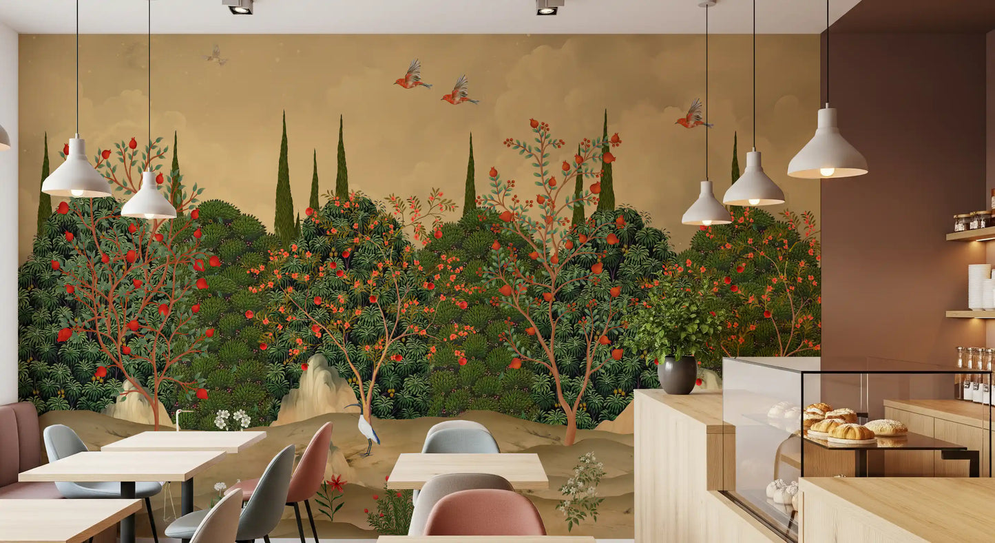 Botanical Pomegranate Orchard Illustration Wall Mural