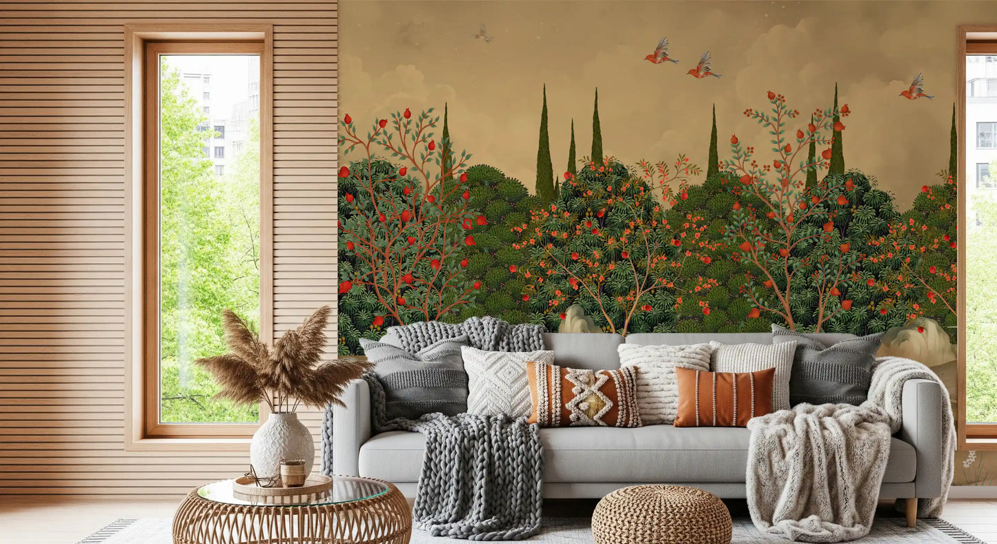 Botanical Pomegranate Orchard Illustration Wall Mural