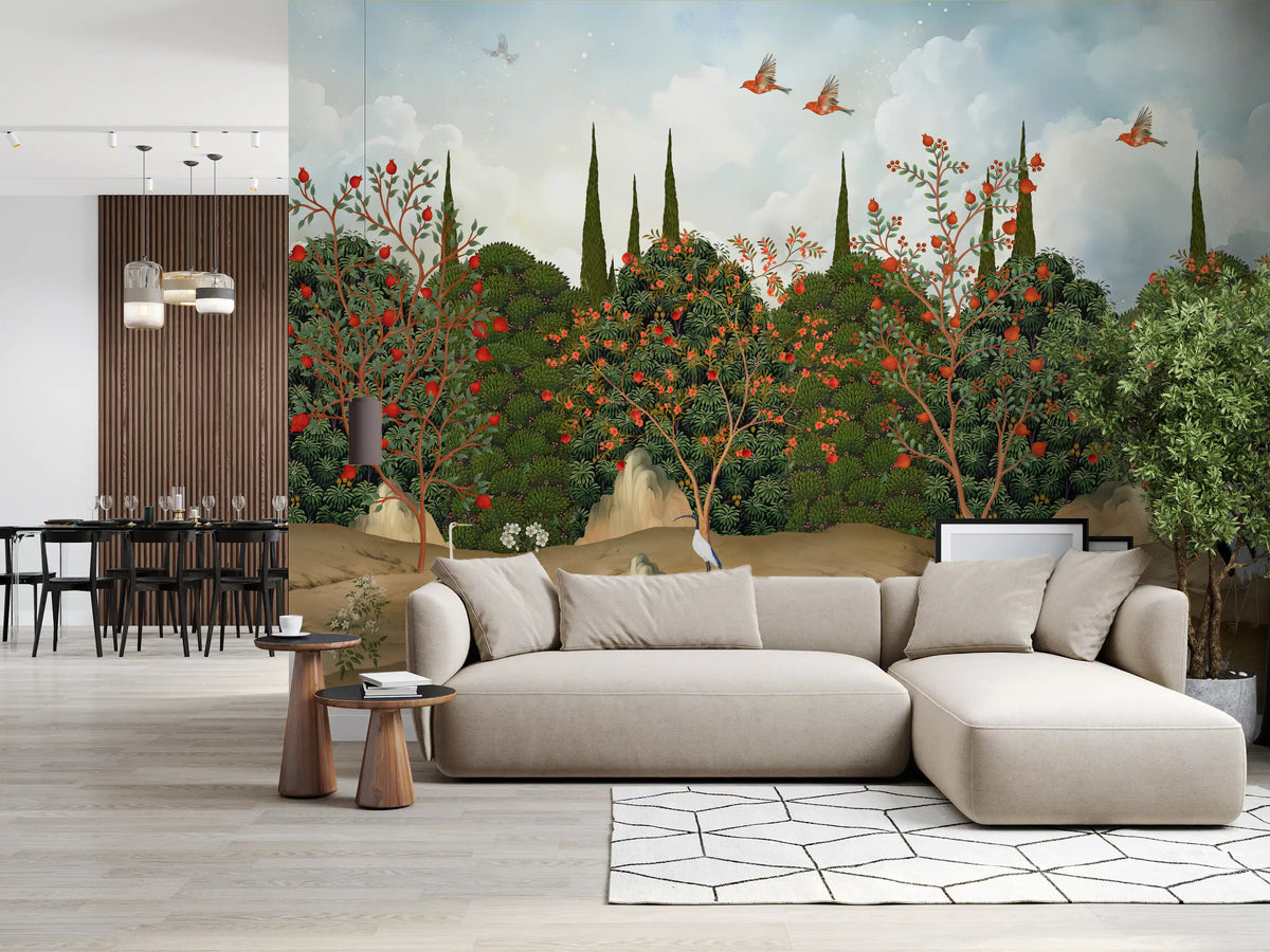 Green orchard and cranes mural in a modern living room with a large beige sofa GD12204