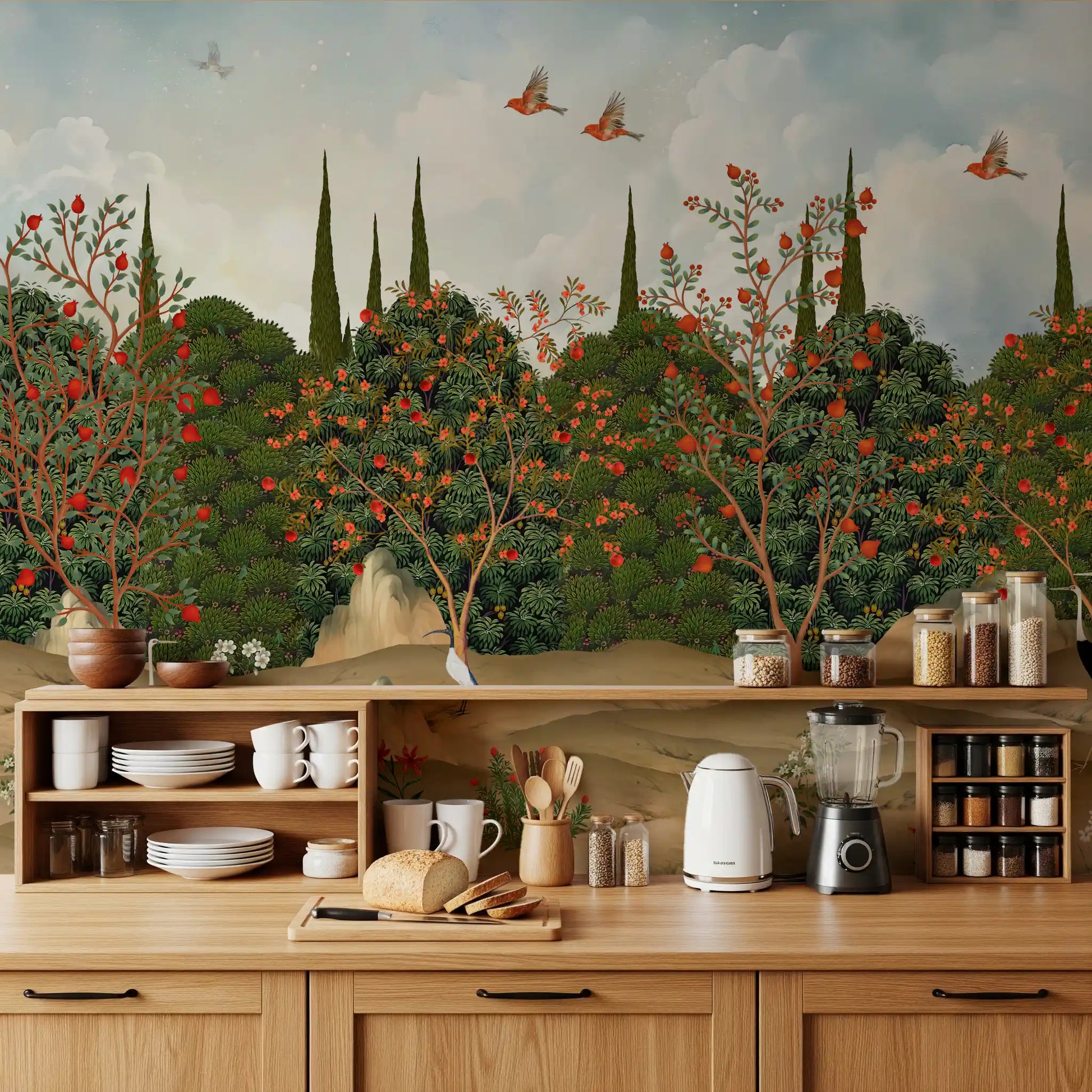 Orchard of Cranes and Pomegranates Wall Mural