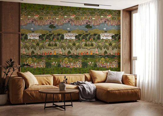 Green Mughal garden mural in a modern living room with a tan corner sofa GD12206