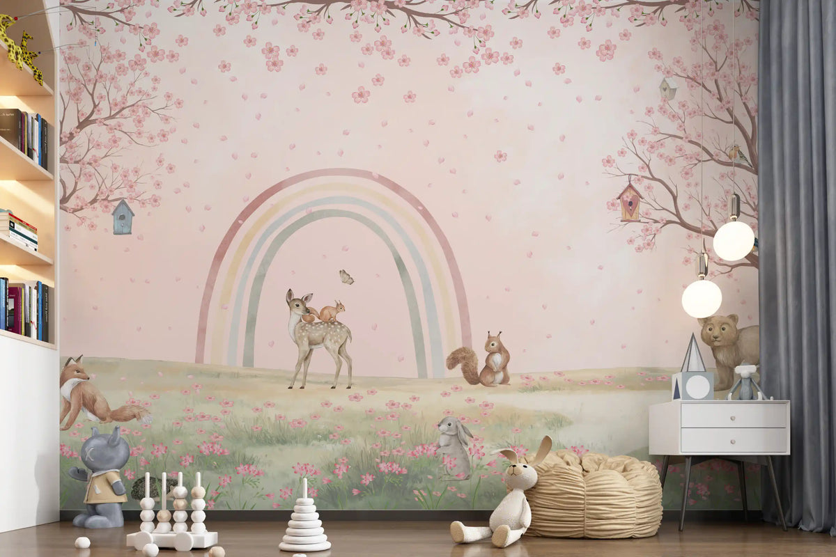 Pink rainbow forest friends mural in a bright kids room with toys GD12207