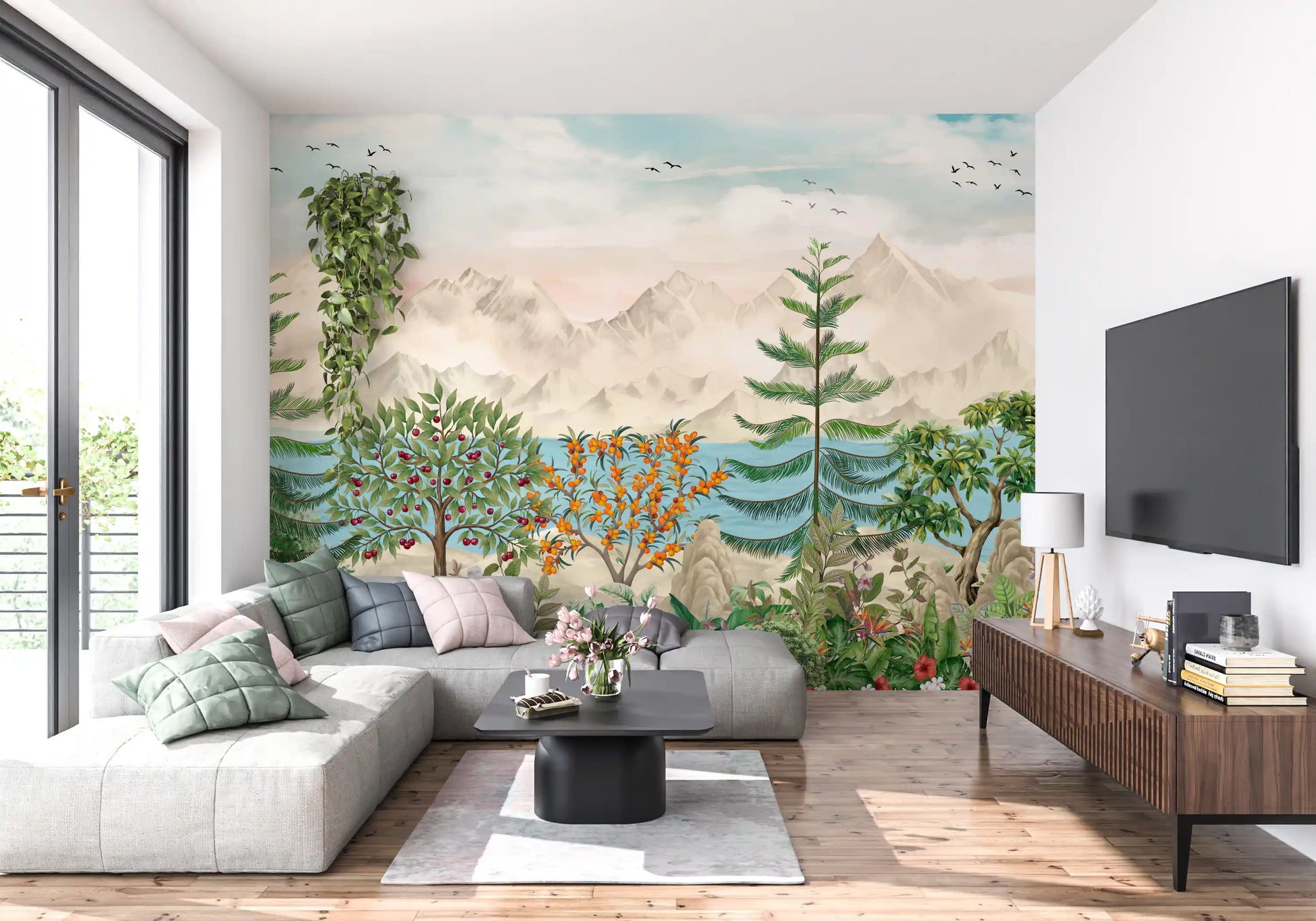 Serene Mountain Orchard Vista Wall Mural