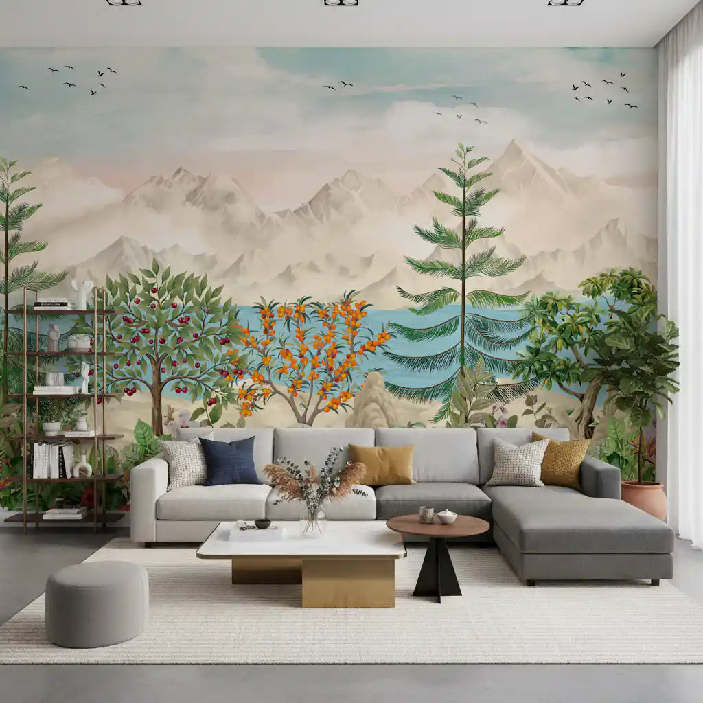 Serene Mountain Orchard Vista Wall Mural