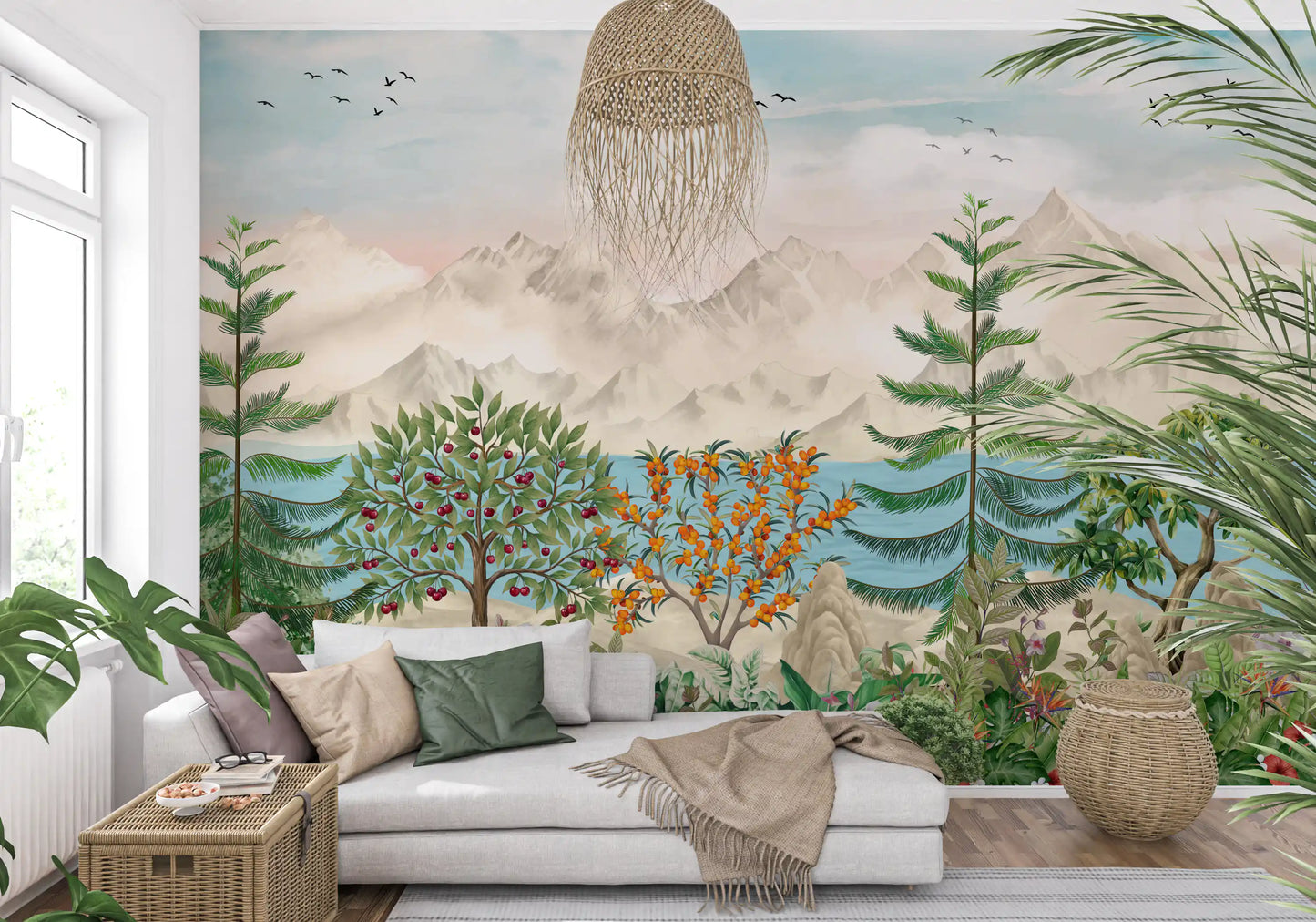 Serene Mountain Orchard Vista Wall Mural