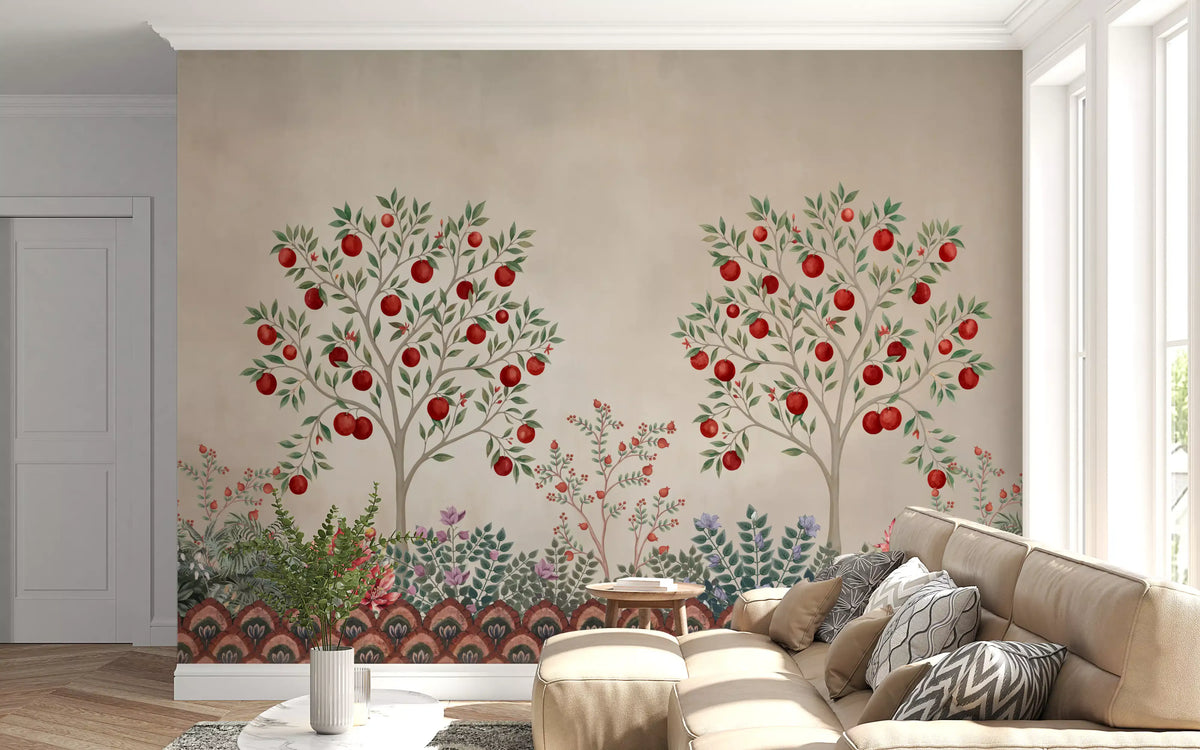 Beige rustic orchard mural in a bright living room with a cream sofa GD12209