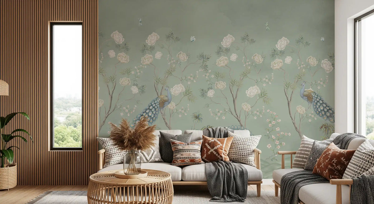 White flower and peacock mural in a warm boho living room GD12210