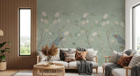 White flower and peacock mural in a warm boho living room GD12210