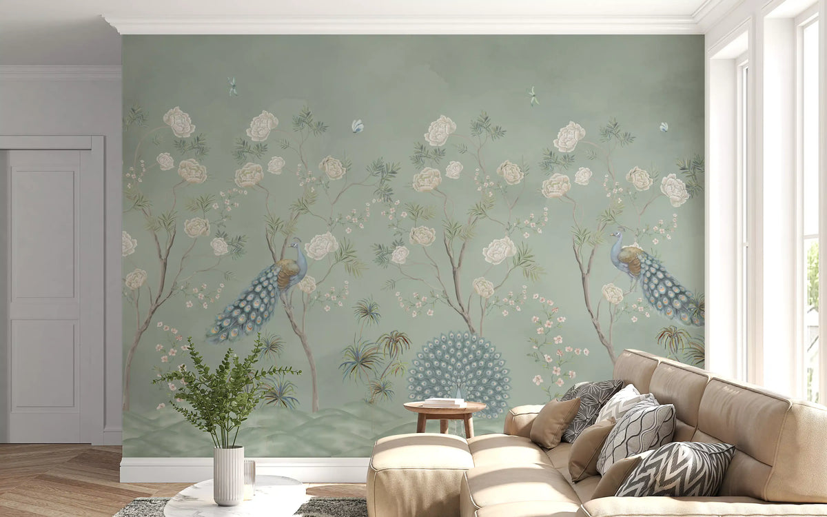Sage garden peacock mural in a cosy living room with a cream sofa and plants GD12210