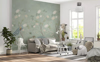 Green blossom mural in a bright living room with a white sofa GD12210