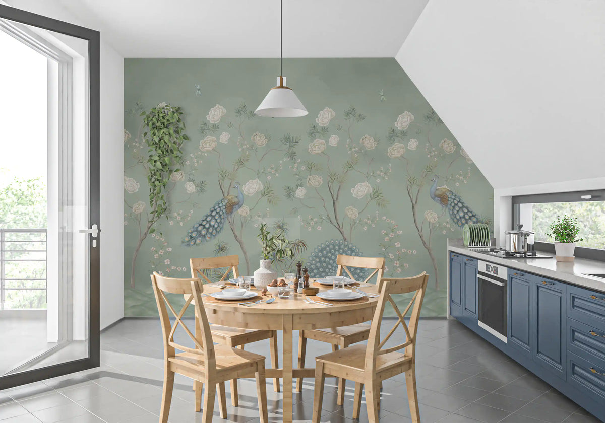 Sage garden mural in a dining and kitchen space with a round wood table GD12210
