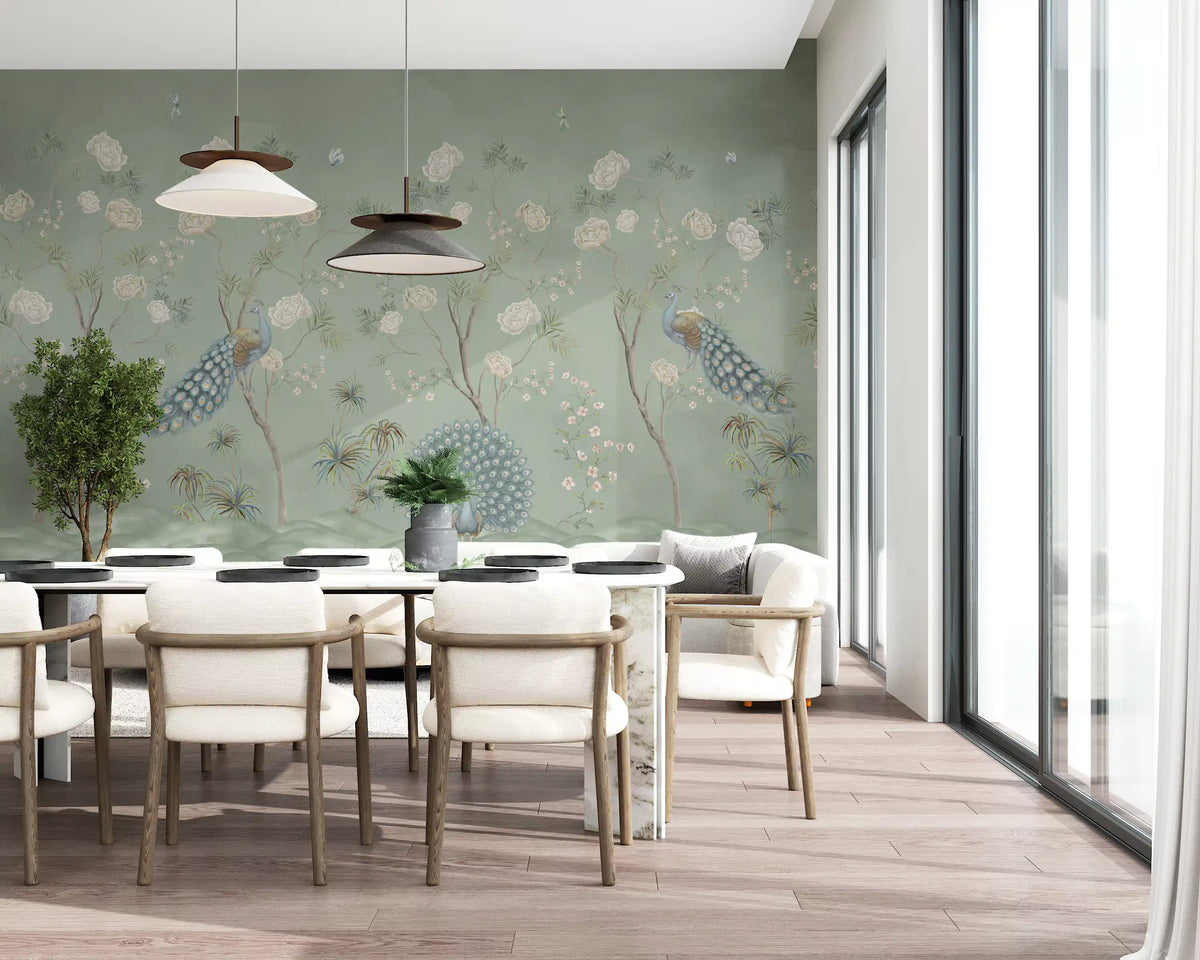 Sage green peacock mural in a bright dining room with cream chairs GD12210