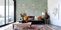 Sage garden mural in a modern living room with a dark blue sofa GD12210