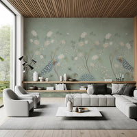 White blossom and peacock mural in a modern living room with a wood ceiling GD12210