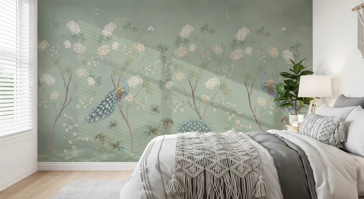 Sage blossom mural behind a bed in a calm bedroom with knit bedding GD12210