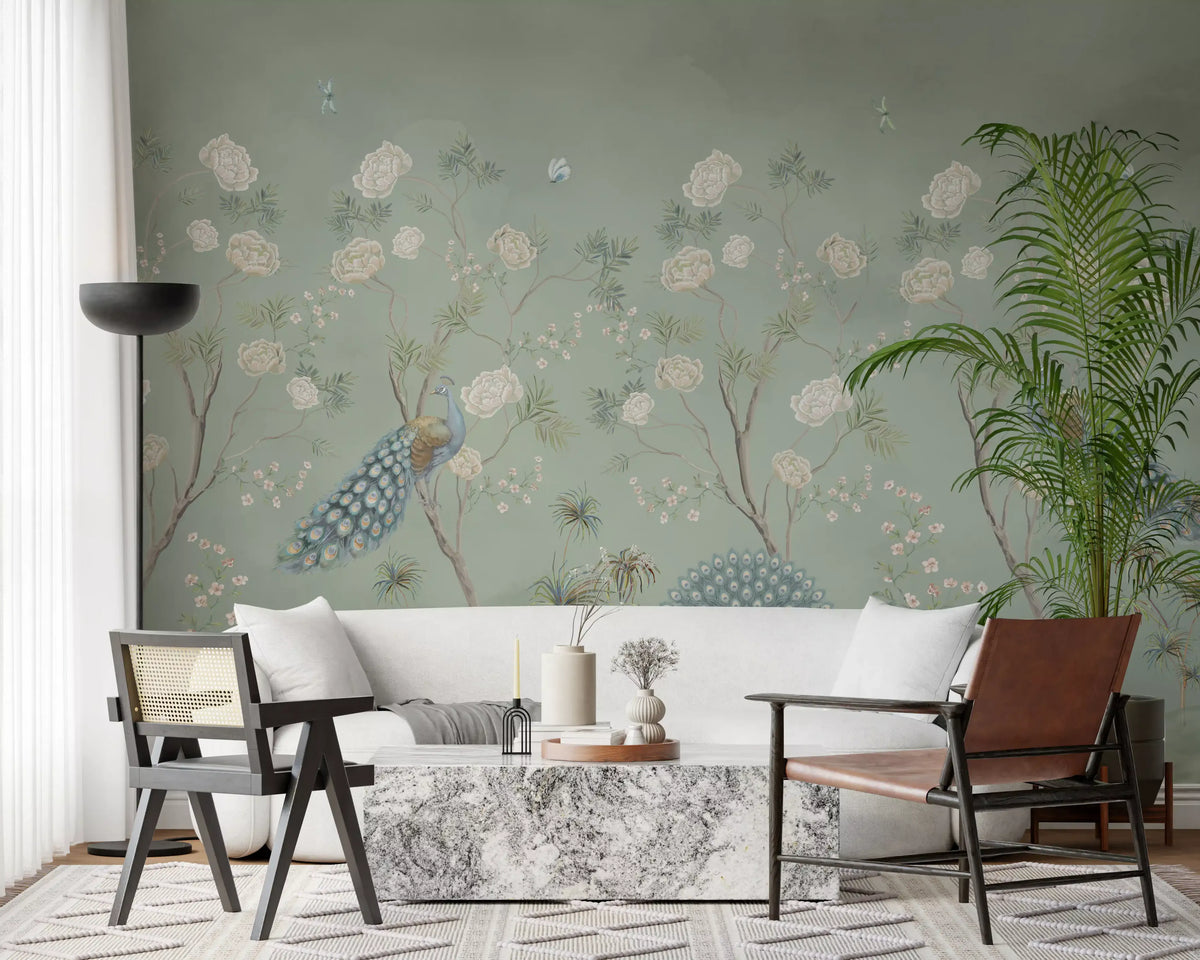 White blossom and peacock mural in a living room with a cream sofa and leather chairs GD12210