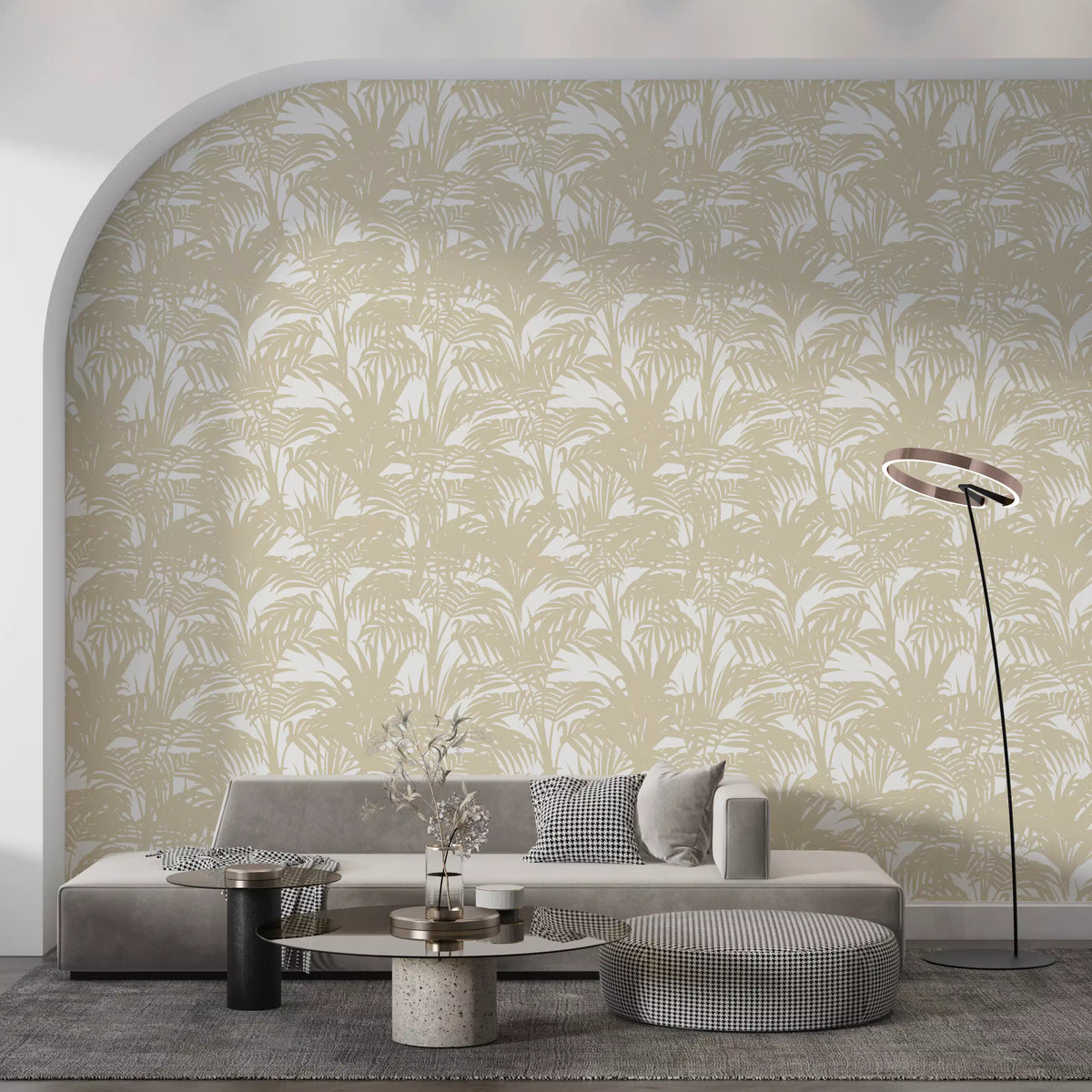 Tropical leaf wallpaper on a curved living room wall GD12212