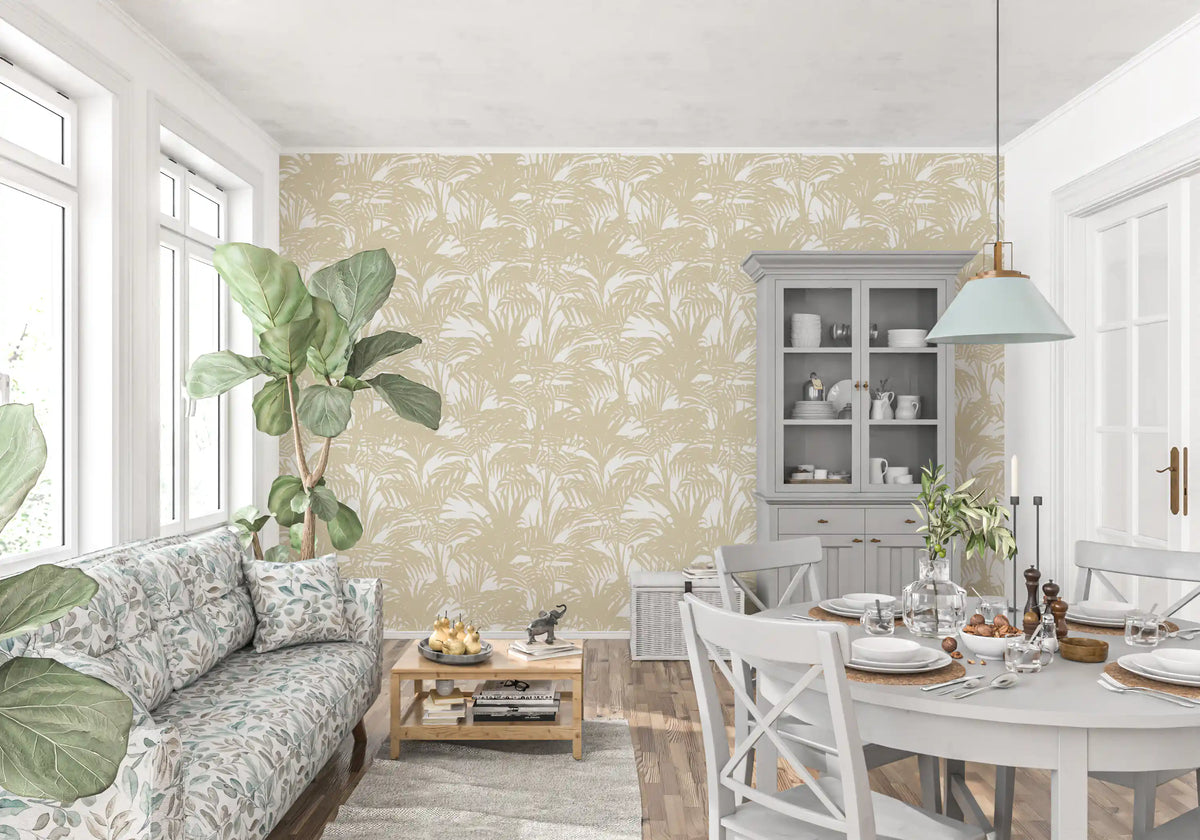 Beige palm wallpaper in a light farmhouse dining and living room GD12212