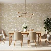 Palm frond pattern wallpaper behind a wood dining table GD12212