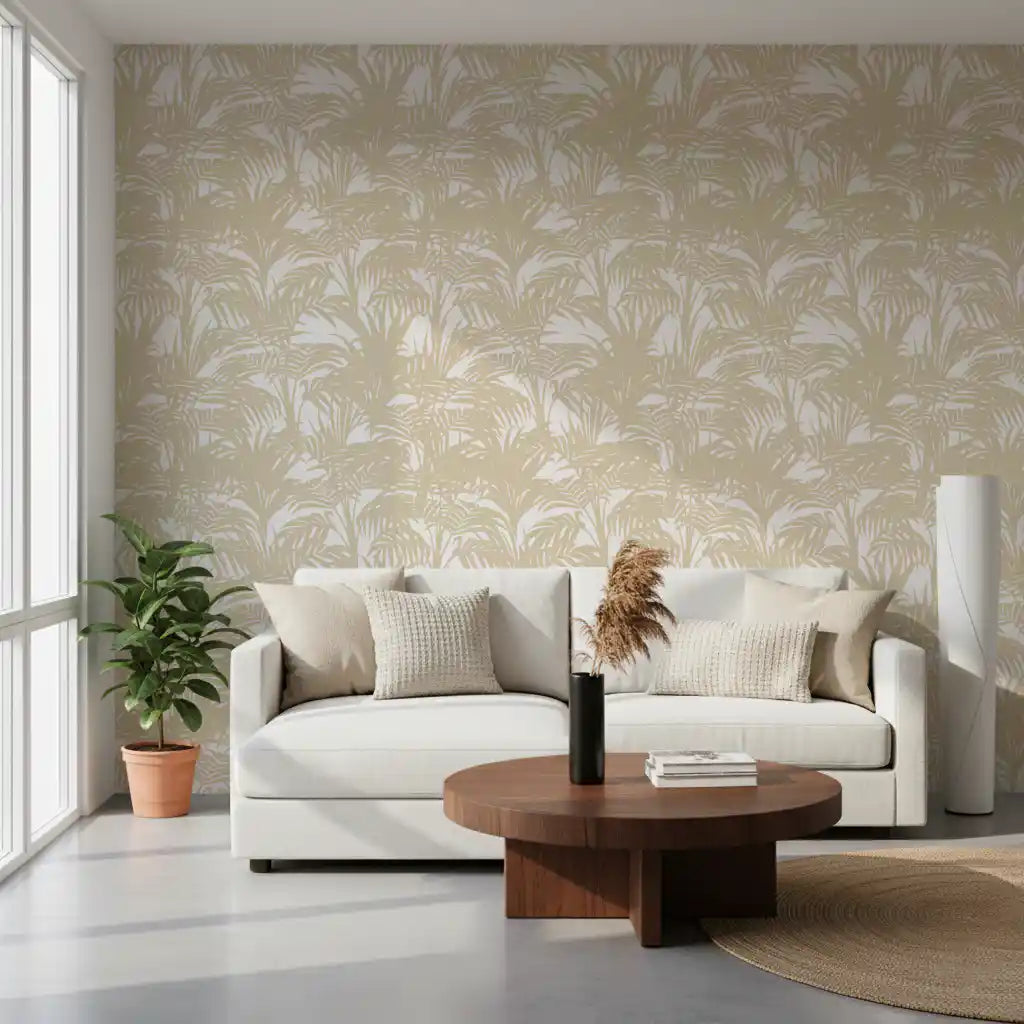 Tropical leaf wallpaper in a bright living room with round table GD12212