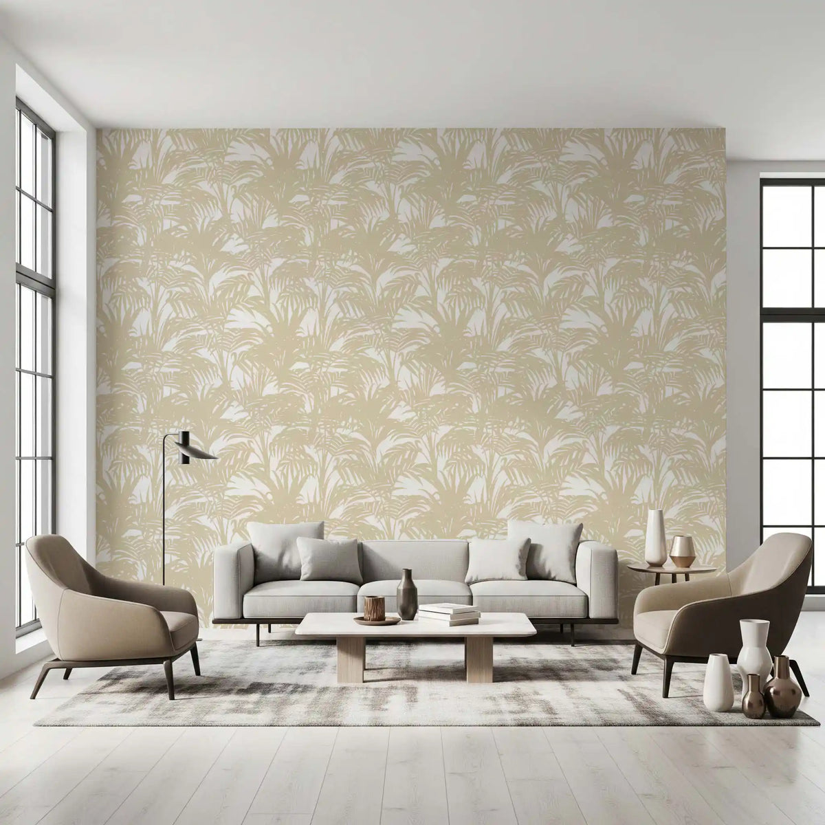 Beige frond wallpaper in a bright living room with grey sofa GD12212