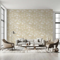 Beige frond wallpaper in a bright living room with grey sofa GD12212