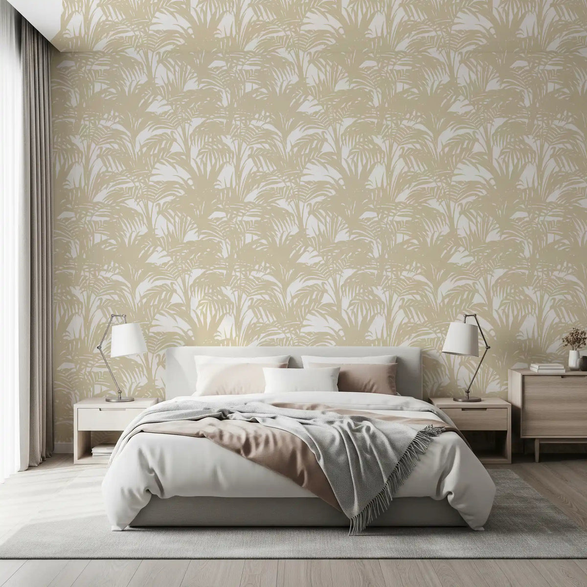 Soft beige palm frond wallpaper in a calm bedroom GD12212