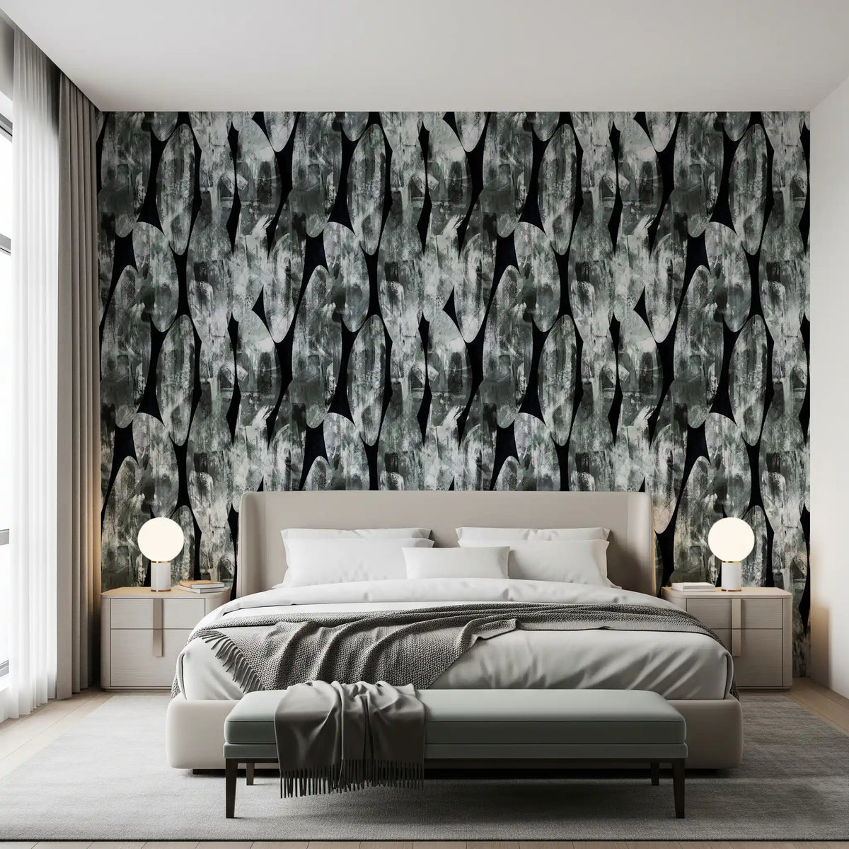Black and grey brushstroke wallpaper behind a modern bed GD12214