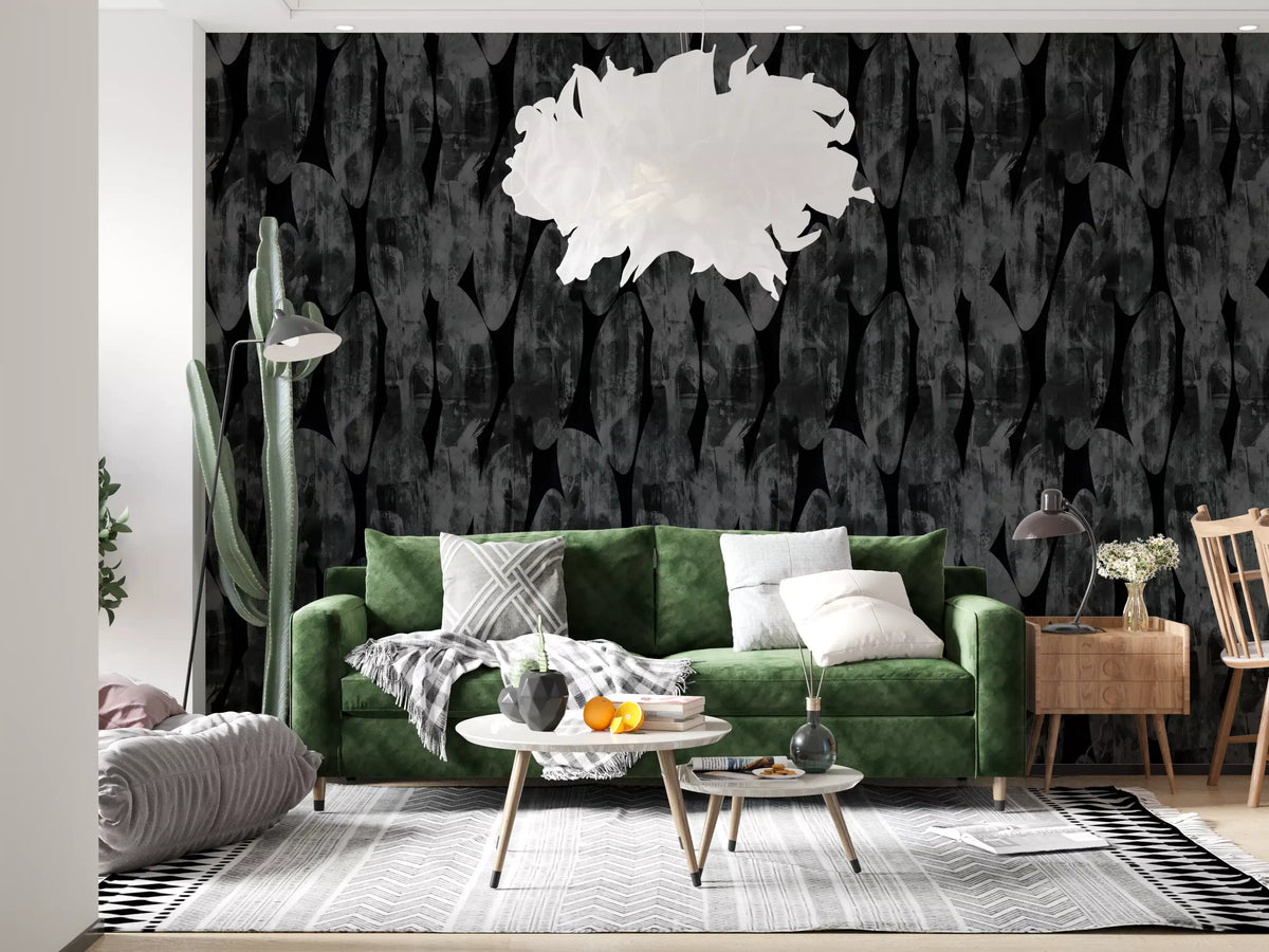 Dark abstract wallpaper in a living room with green velvet sofa GD12215