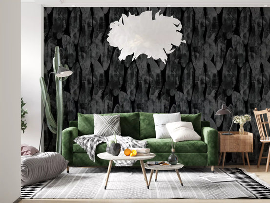 Dark abstract wallpaper in a living room with green velvet sofa GD12215