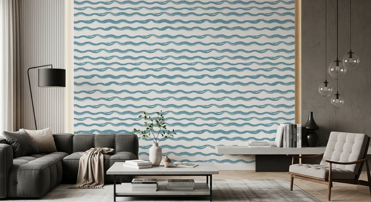 Blue wave wallpaper in a modern living room with grey sofa GD12216