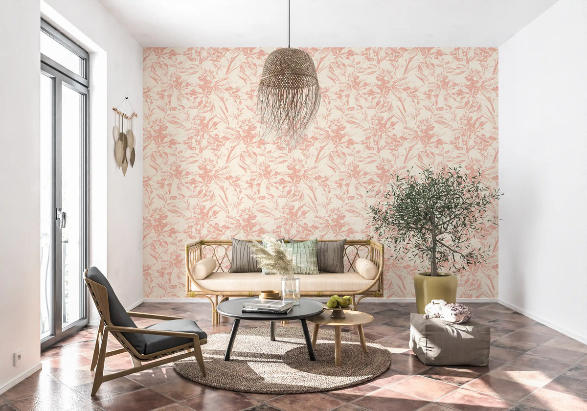 Blush floral wallpaper in a living room with rattan sofa GD12217