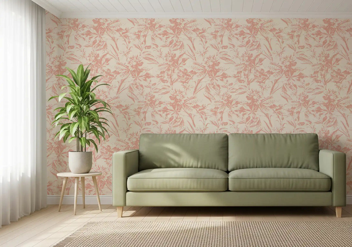 Pink botanical wallpaper in a living room with green sofa GD12217
