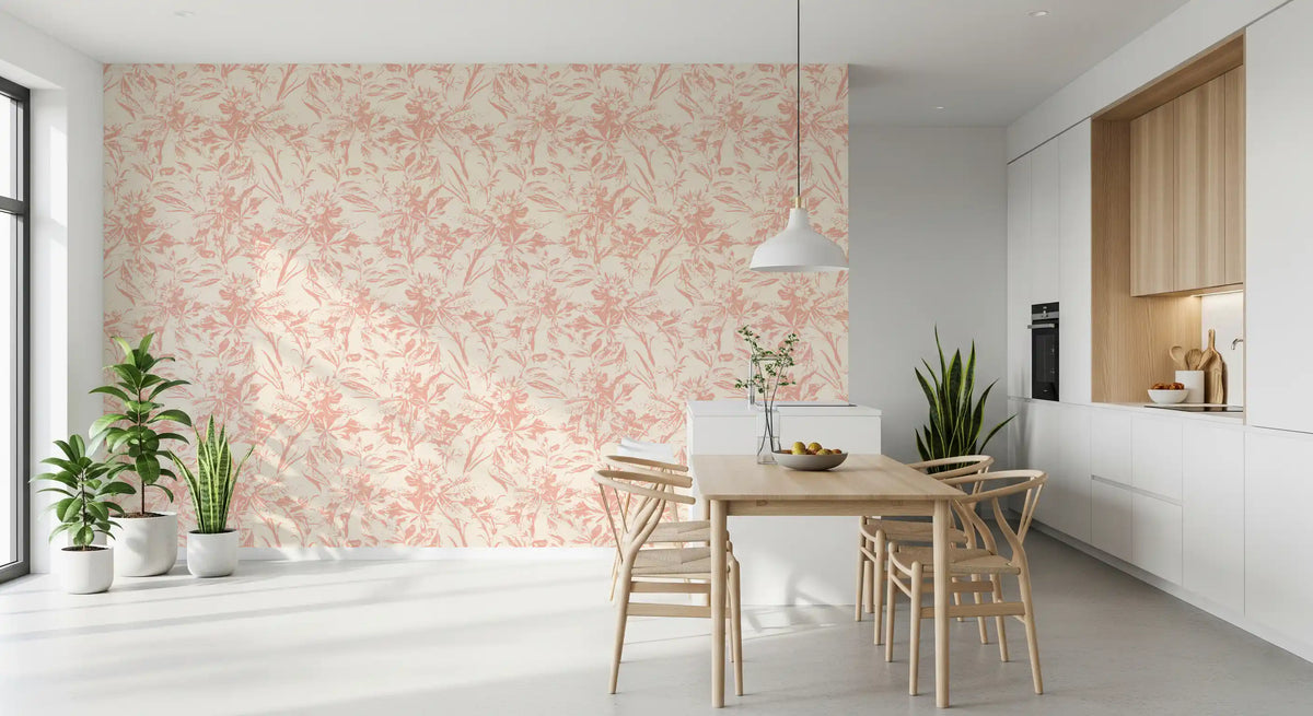 Pink botanical wallpaper in a bright kitchen dining area GD12217