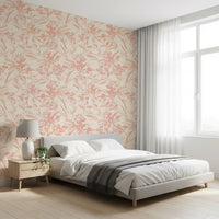 Blush floral sketch wallpaper behind a soft grey bed GD12217